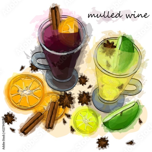 Mulled wine, white and red hot wine with fruit and spices.