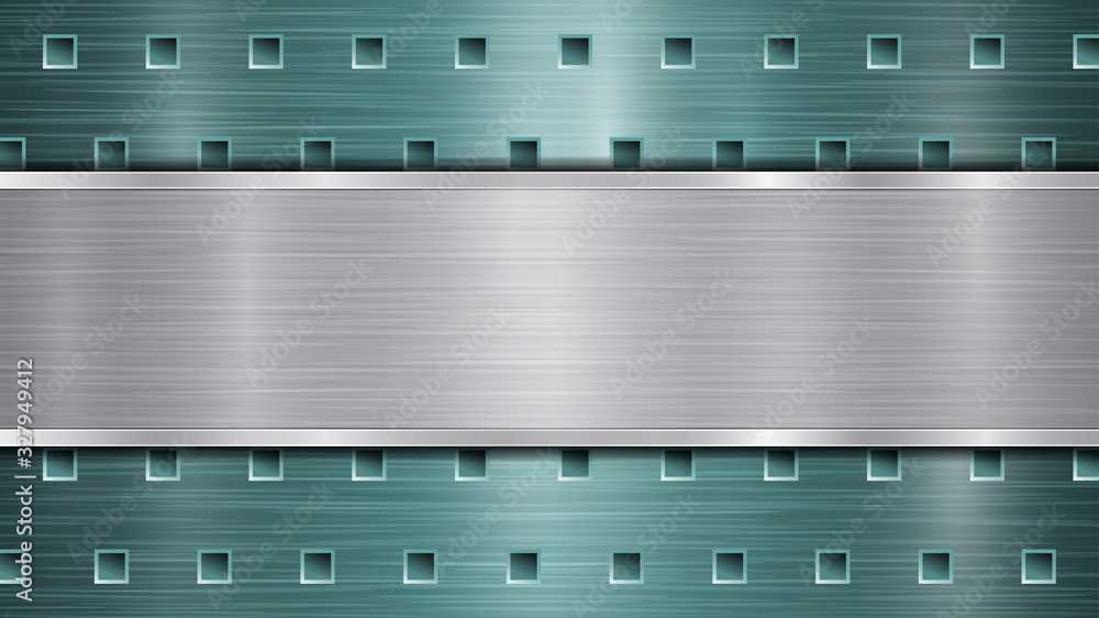 Background of light blue perforated metallic surface with holes and horizontal silver polished plate with a metal texture, glares and shiny edges Background of light blue perforated metallic surface with holes and horizontal silver polished plate with a metal texture, glares and shiny edges