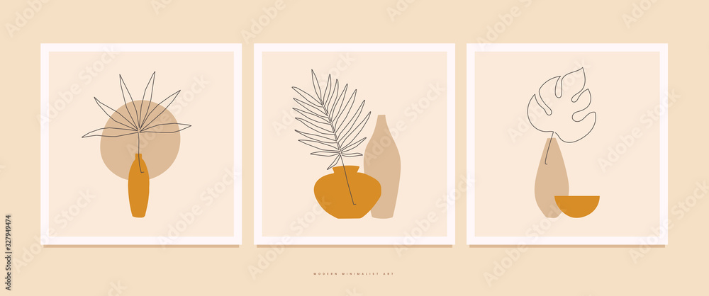 Set of compositions with exotic palm leaves and abstract vases. Trendy collage for design in an ecological style. Minimalist shapes in pastel colors on a light isolated background. Set of compositions with exotic palm leaves and abstract vases. Trendy collage for design in an ecological style. Minimalist shapes in pastel colors on a light isolated background.