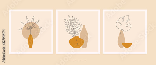 Set of compositions with exotic palm leaves and abstract vases. Trendy collage for design in an ecological style. Minimalist shapes in pastel colors on a light isolated background.