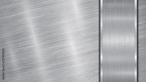 Background in silver and gray colors, consisting of a shiny metallic surface and one vertical polished plate located on right side, with a metal texture, glares and burnished edges