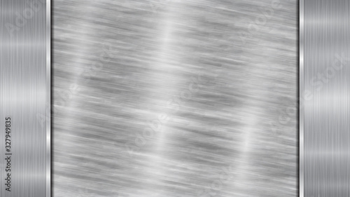 Background in silver and gray colors, consisting of a shiny metallic surface and two vertical polished plates located left and right, with a metal texture, glares and burnished edges