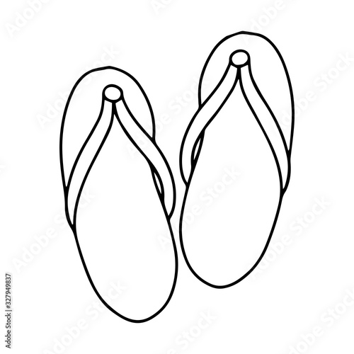 A pair of summer flip flops for the sauna, bathhouse and beach. Black and white vector illustration in doodle style. Summer shoes. Simple outline drawing by hand and isolated on a white background.