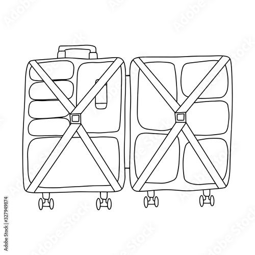 Opened suitcase on the wheels.Filled with abstract clothing with holding straps.Black and white vector illustration in doodle style. For travel. Simple outline drawing,hand drawn and isolated on white