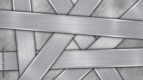 Background in silver and gray colors, consisting of a shiny metallic surface and several randomly arranged intersecting polished plates with a metal texture, glares and burnished edges