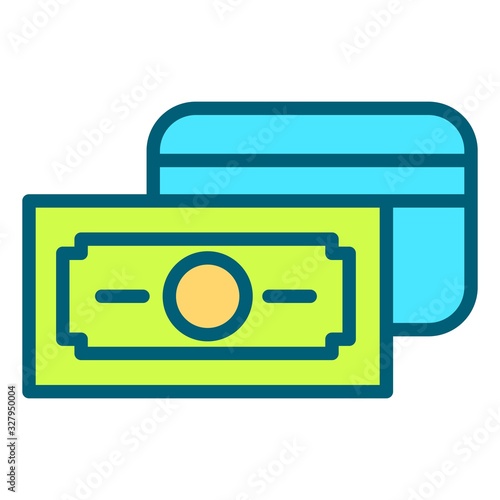 Credit Card and Cash icon illustration. Bank card and money banknote icon. Finance, payment concept. Atm card, ecommerce sign. Online payment symbol for perfect web and mobile app designs.