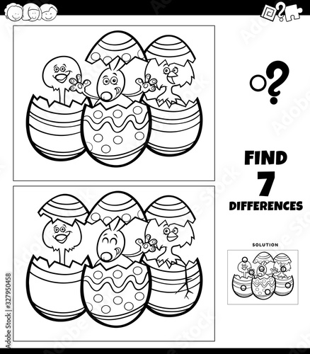 differences coloring game with cartoon Easter characters