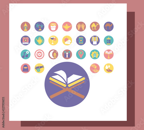 quran and ramadan icon set, block style