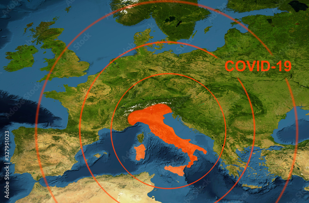 Fototapeta Epidemia koronawirusa, słowo COVID-19 na mapie Europy. Nowa epidemia koronawirusa we Włoszech, rozprzestrzenianie się wirusa korony na świecie.