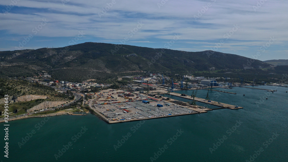 Aerial drone photo of industrial petrochemical refinery in Mediterranean destination port