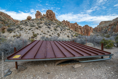 This small game guzzler is a water development that collects rain and stores it in an underground tank for animals especially birds like Gambel's Quail. Valley of Faces, Basin and Range, Nevada
