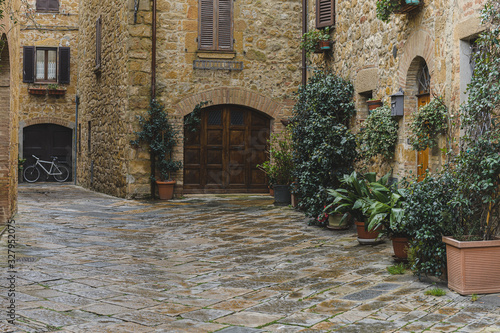 Walk on a rainy day through the streets of the beautiful town  Pienza  Tuscany