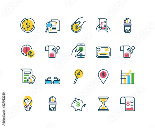 money coin and tax day icons set, half color style