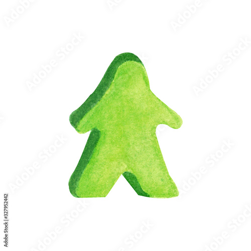 Green wooden meeple isolated on white background. Watercolor hand drawn illustration in cartoon style photo