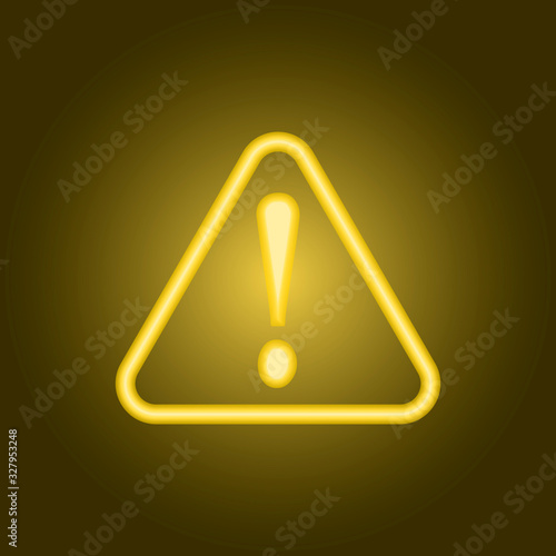 Hazard warning attention sign with exclamation mark symbol. Yellow, orange, red neon icon at dark reddish background. Illumination. Illustration.