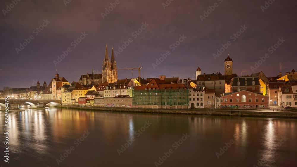 Time lapse panorama of Regensburg from side of Danube river, Bavaria, Germany Time lapse panorama of Regensburg from side of Danube river, Bavaria, Germany