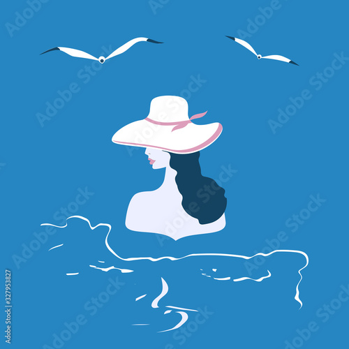 A woman is swimming in the sea - elegant  stylish  long hair  in a hat - seagulls - blue background - flat style - vector. Journey. Tourist trip. Holidays at sea.