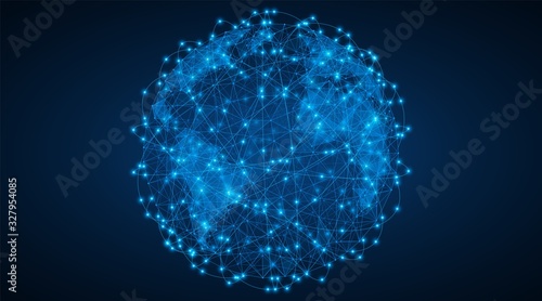Digital global network. High-speed data transfer. World wide web. Polygonal map of the world.