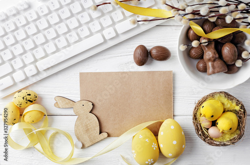 workspace with notebook keyboard and easter eggs
