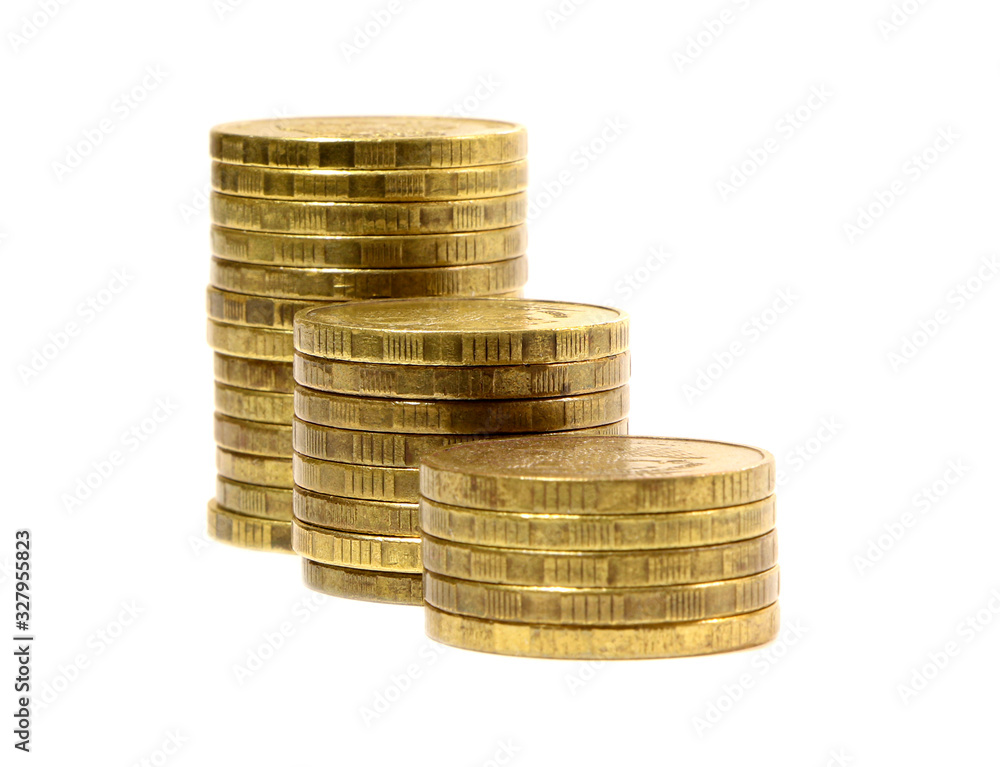 Gold coins stacks isolated on white background.