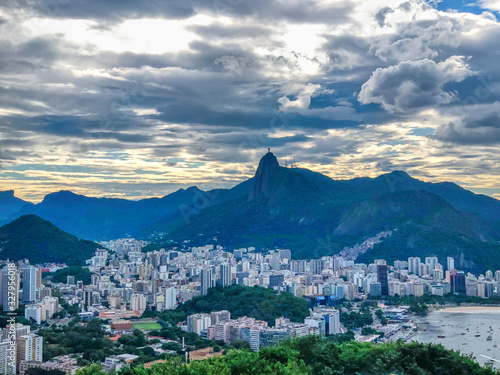 Aerial view from the Sugarloaf mountain of Christ Redeemer and Botafogo neighborhood