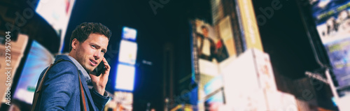 Photography Business man realtor broker talking on phone walking on business New York city travel panoramic banner