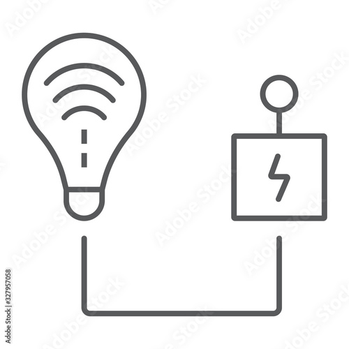 Intelligent energy control thin line icon, technology and solar, light bulb with controller sign, vector graphics, a linear pattern on a white background, eps 10.