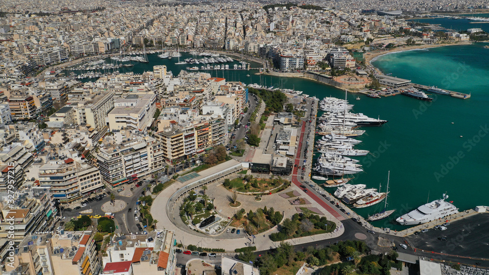 Aerial drone photo of famous area of Zea or Passalimani near main port of Piraeus, Attica, Greece