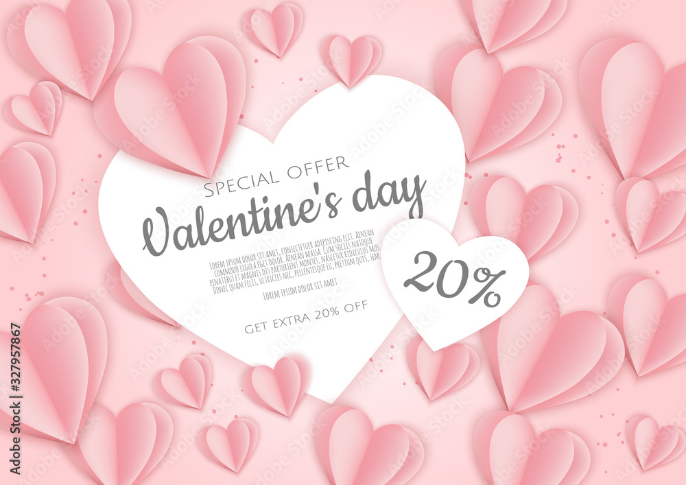 Valentines day sale poster with pink hearts background