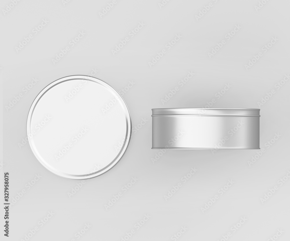 White Small Round Tin Can Mockup, Blank food Container, 3d Rendering isolated on light gray background, Ready for your design White Small Round Tin Can Mockup, Blank food Container, 3d Rendering isolated on light gray background, Ready for your design