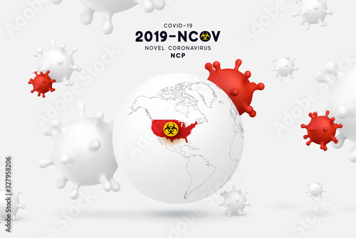 Novel Coronavirus (2019-nCoV). China pathogen respiratory coronavirus 2019-nCoV originating. USA map infographics. Virus Covid 19-NCP. nCoV denoted is single-stranded RNA virus.