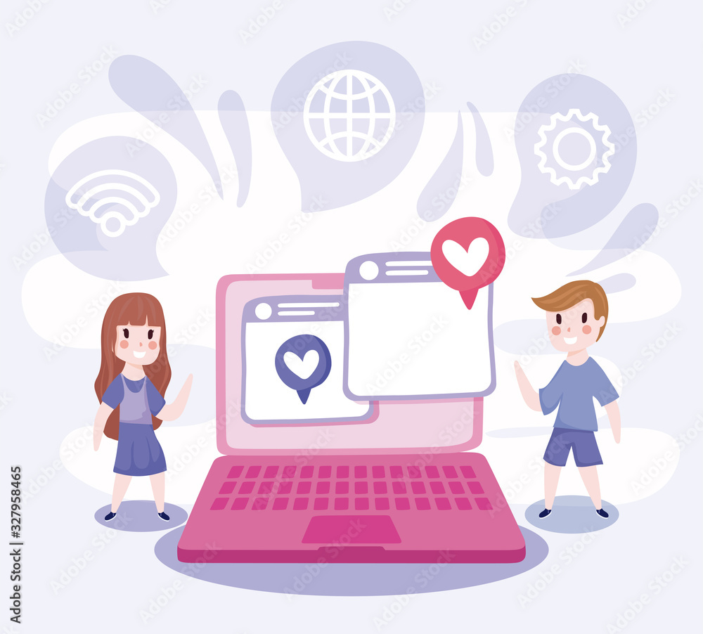 girl and boy cartoon with laptop and websites vector design girl and boy cartoon with laptop and websites vector design