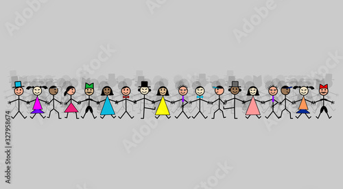 Hand drawing smiling happy people holding hands. Human race friendship concept. Male and Female group vector