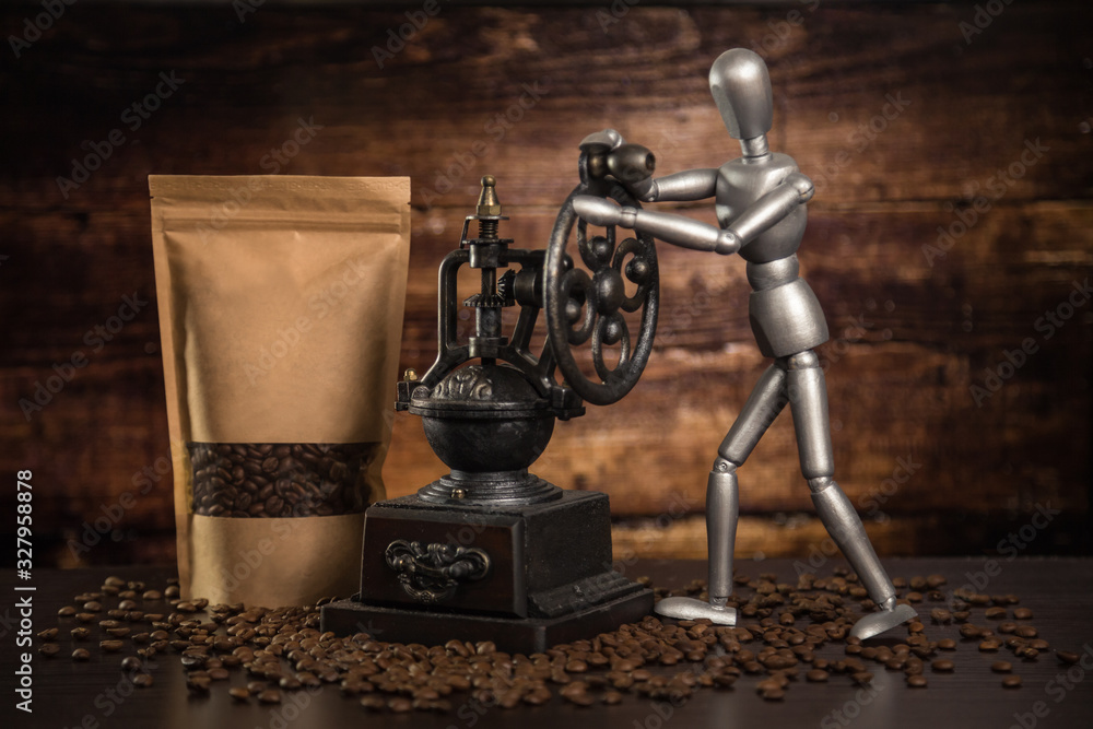 craft packaging with coffee beans in a loft interior craft packaging with coffee beans in a loft interior