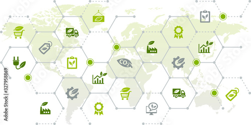 Global sustainable business vector illustration. Concept with world map and connected icons related to international ecology and green technology in business worldwide.