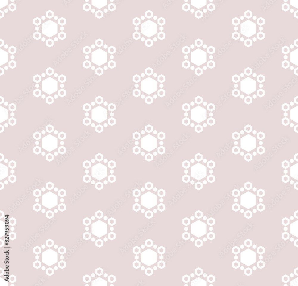 Vector abstract minimalist geometric seamless pattern. Subtle background with snowflakes, floral shapes, hexagonal figures. Delicate texture in white and pale pink colors. Elegant repeat design