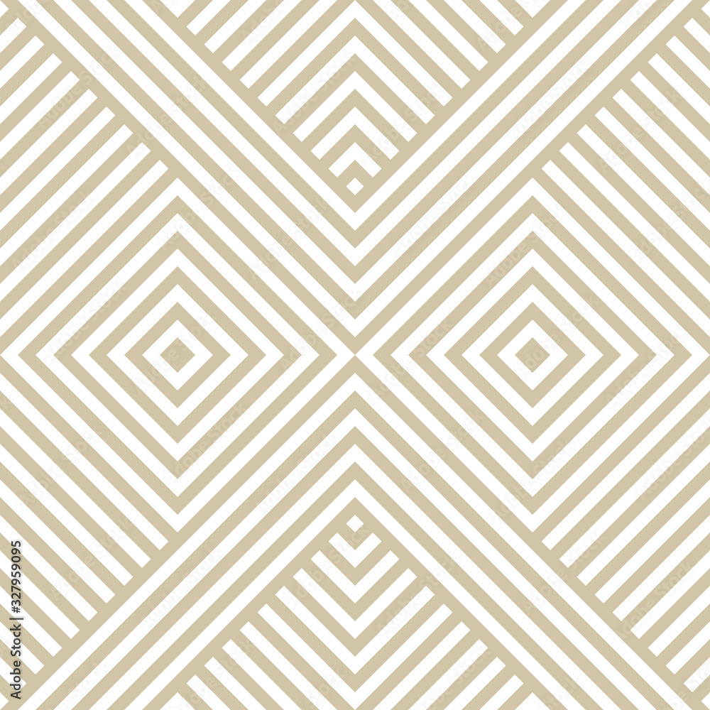 Vector golden geometric lines pattern. Luxury linear background with diagonal stripes, squares, chevron. Abstract white and beige seamless texture. Modern ornamental design for decor, prints, carpet