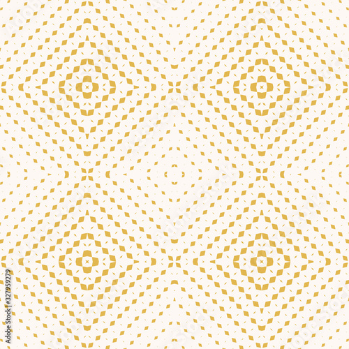 Golden vector geometric seamless pattern with small rhombuses  diamond shapes  lines  grid. White and yellow background texture with halftone transition effect in square form. Modern repeat design