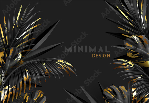 Tropical background with palm leaves in black color realistic 3d. Modern Minimal Design. vector illustration