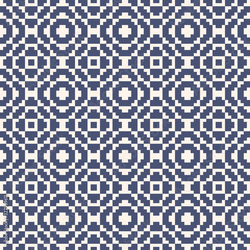 Vector geometric traditional folk ornament. Fair isle seamless pattern. Tribal ethnic motif. Nordic ornamental texture with squares, crosses, embroidery, knitting. White and blue repeating background