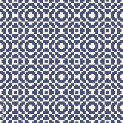 Vector geometric traditional folk ornament. Fair isle seamless pattern. Tribal ethnic motif. Nordic ornamental texture with squares, crosses, embroidery, knitting. White and blue repeating background