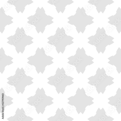 Vector geometric seamless pattern. Subtle abstract texture with simple shapes, crosses, rhombuses, stars, flower silhouettes. White and light grey repeat background. Design for decor, textile, fabric