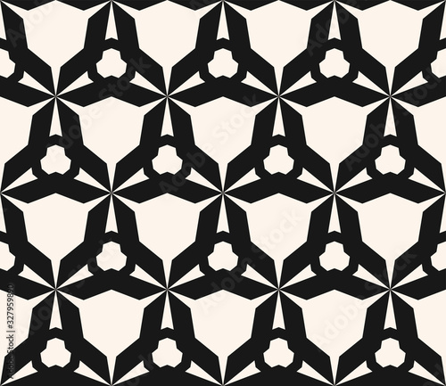 Vector abstract geometric seamless pattern. Black and white texture with triangles, hexagons, diamond shapes, grid, net, lattice. Simple minimal monochrome background. Repeat design for decor, textile