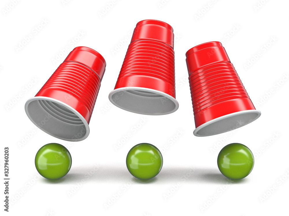 Shell Game three red cups and three green balls 3D Shell Game three red cups and three green balls 3D