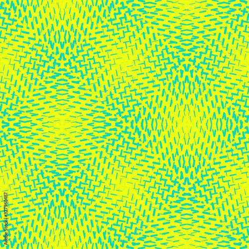 Vector geometric halftone seamless pattern with dash lines, crossing shapes, mesh, grid. Sport style abstract background in vibrant colors, green and yellow. Modern colorful design. Repeated texture