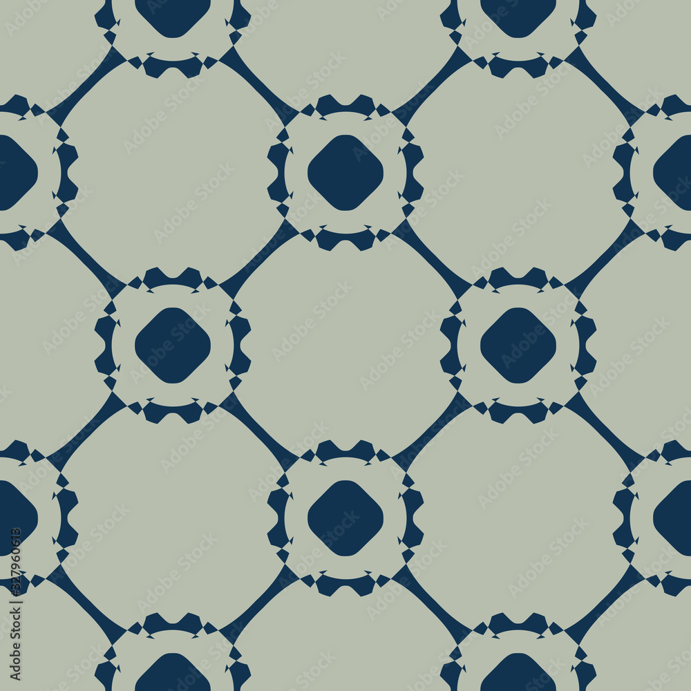 Vector seamless pattern. Floral ornamental background, repeat geometric tiles, curved lines, circles, grid. Simple abstract ornament texture in light green and dark blue color. Elegant tileable design Vector seamless pattern. Floral ornamental background, repeat geometric tiles, curved lines, circles, grid. Simple abstract ornament texture in light green and dark blue color. Elegant tileable design