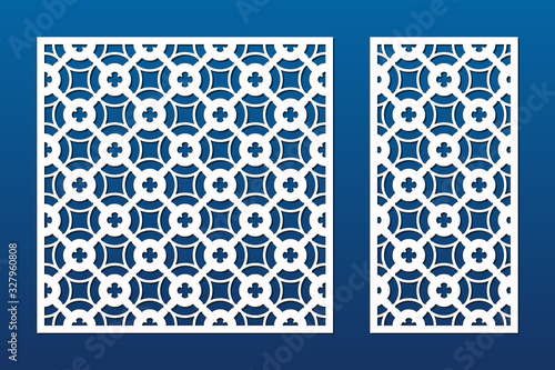 Laser cut panel set. Vector template with geometric pattern, floral ornament, grid, mesh, lattice. Decorative stencil for laser cutting of wood, metal, interior decor element. Aspect ratio 1:1, 1:2