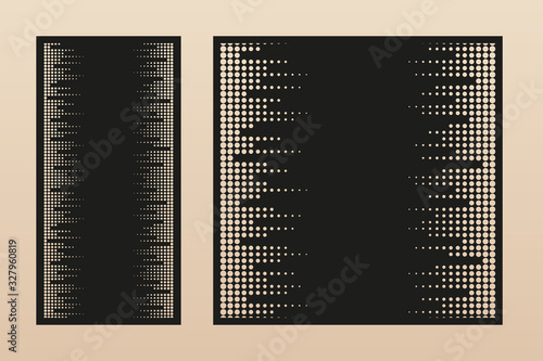 Laser cut panel. Vector template with modern minimal geometric pattern, halftone dots ornament, grid, mesh. Decorative stencil for laser cutting of wood, metal, engraving. Aspect ratio 1:1, 1:2