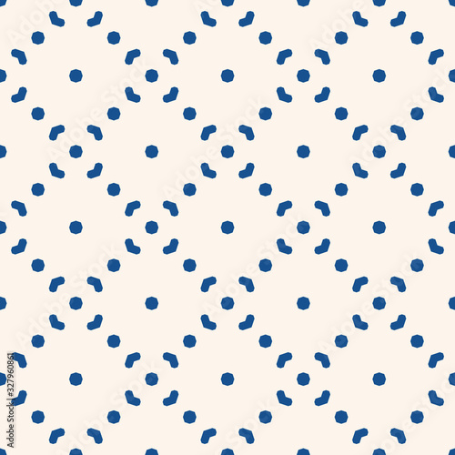 Simple minimalist vector seamless pattern. Abstract blue and white geometric texture. Subtle minimal background with small floral shapes, diamonds, arrows, dots, grid. Repeat design for decor, print