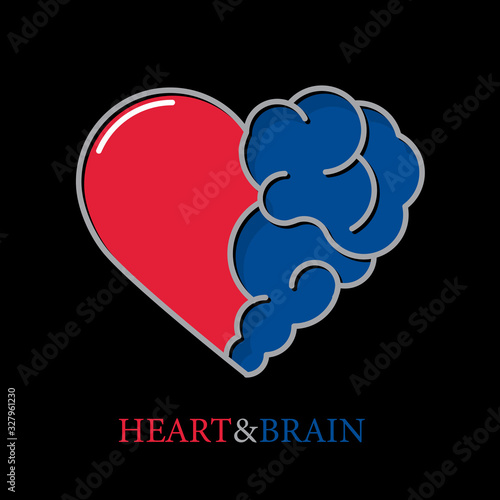 Heart and Brain flat modern icon logo vector design. Interaction between soul and intelligence, emotions and rational thinking or teamwork and balance